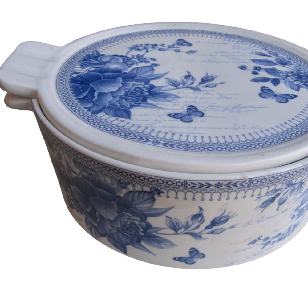 Graces Pantry Round Blue & White Floral Butterfly Lidded Casserole Baker Server